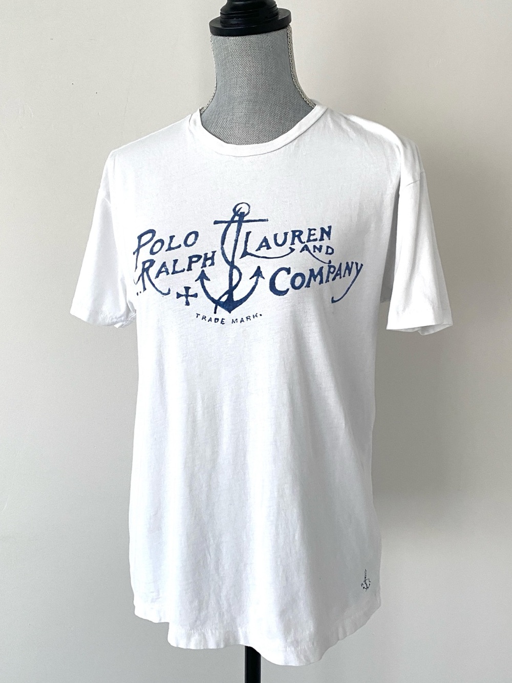 Polo by Ralph Lauren White Tee with Blue Anchor Logo Sz S Preppy Nautical Beach